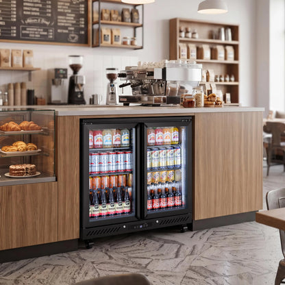 Beverage cooler integrated into a modern coffee shop counter for convenient drink storage and service