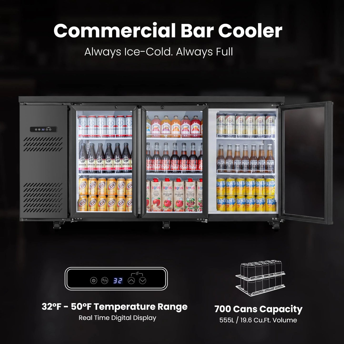 Commercial beverage cooler featuring 11 cubic feet of storage and an adjustable temperature range