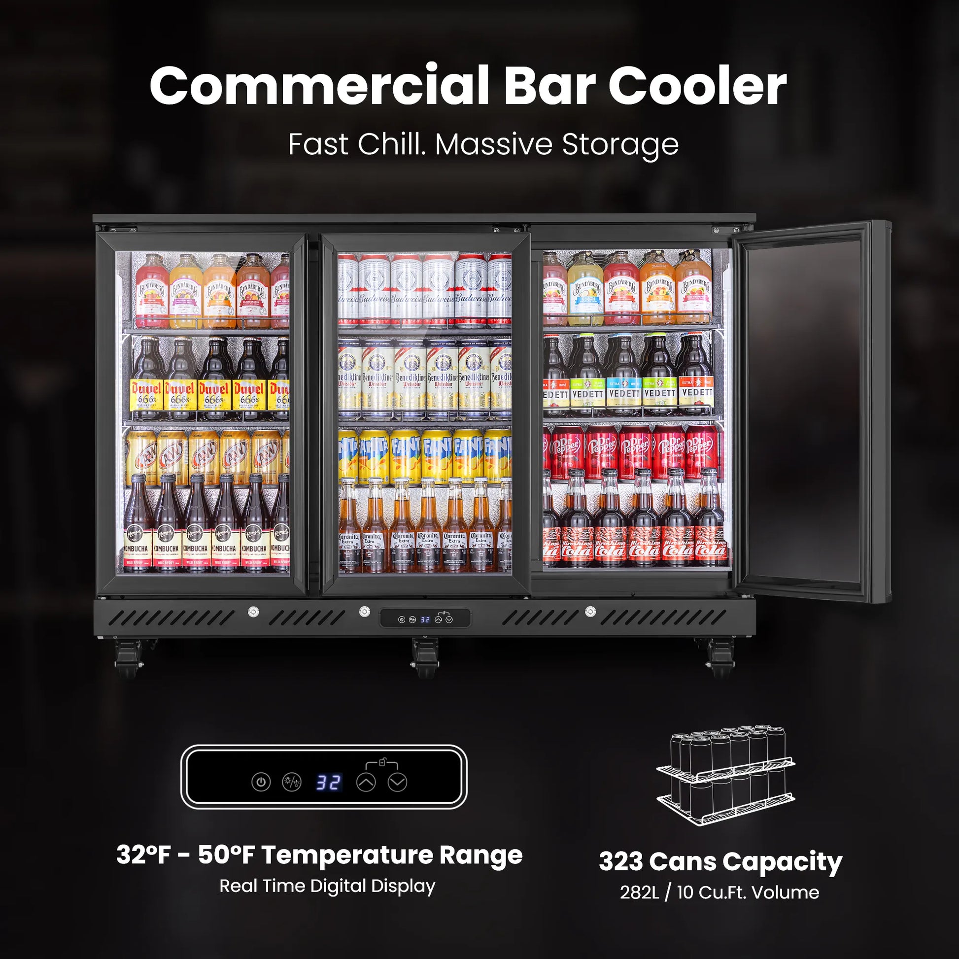 Temperature range and beverage storage capacity of a commercial bar fridge