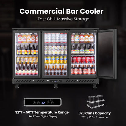 Temperature range and beverage storage capacity of a commercial bar fridge