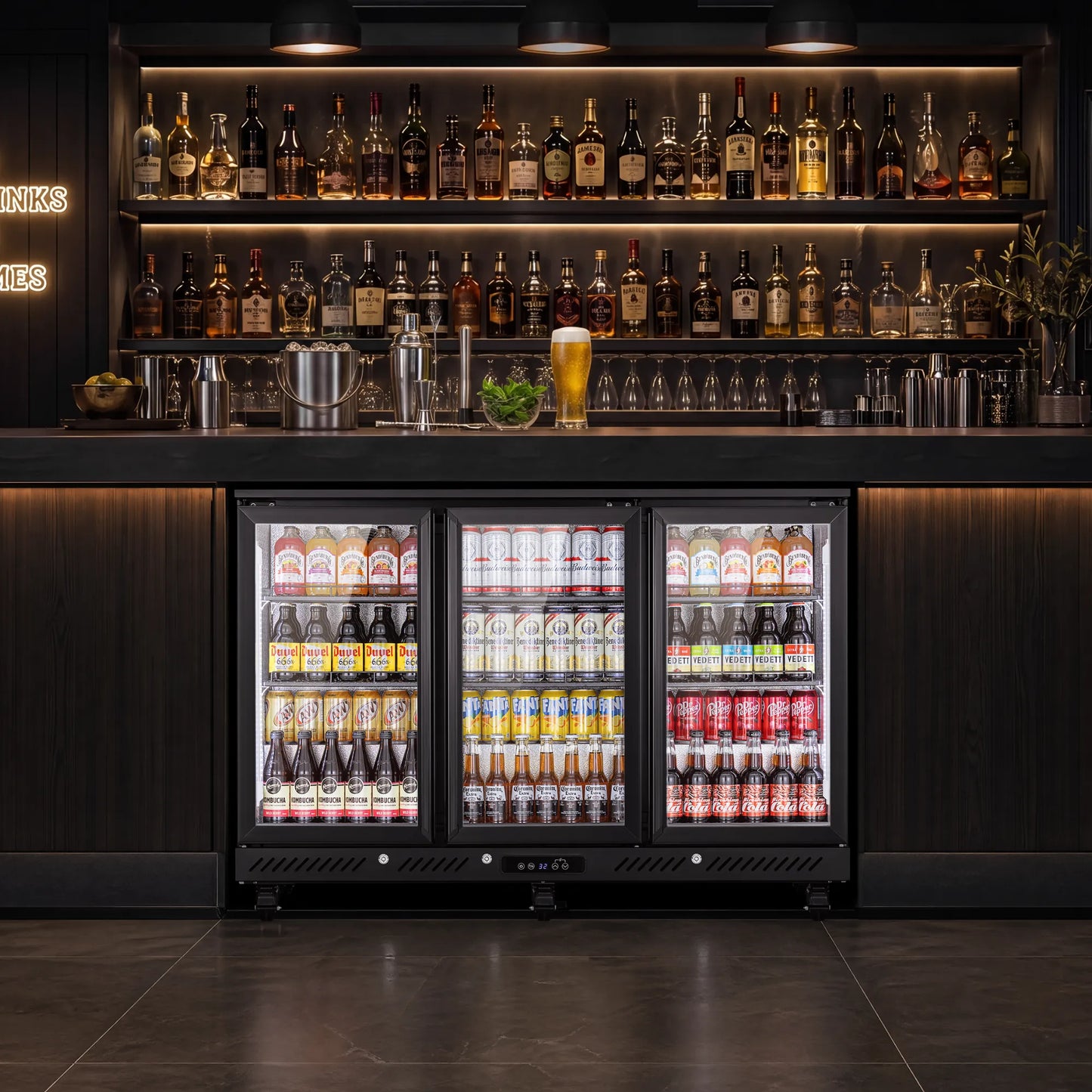 Commercial bar fridge installed beneath a professional bar counter