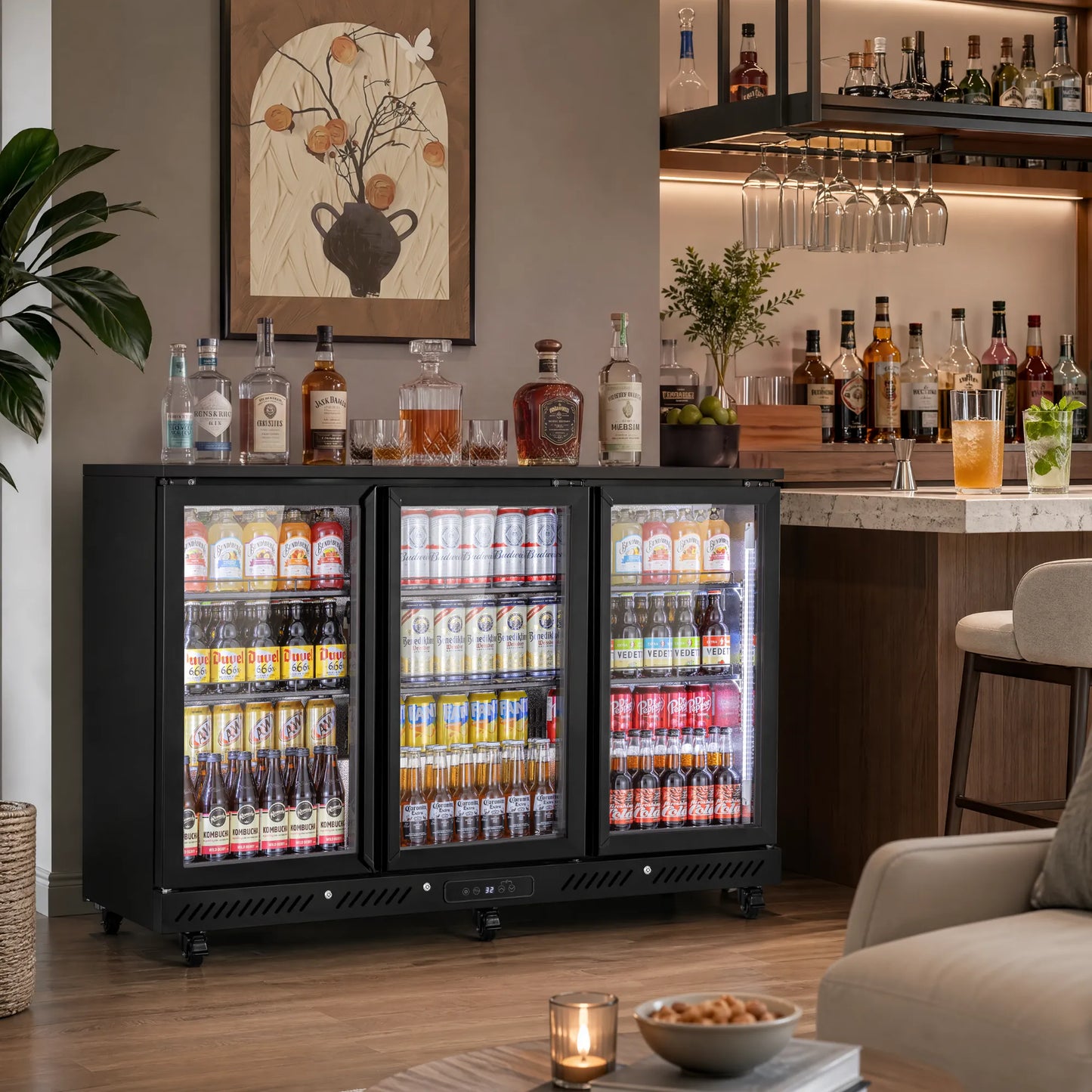 Commercial bar fridge used in a home entertainment and beverage station