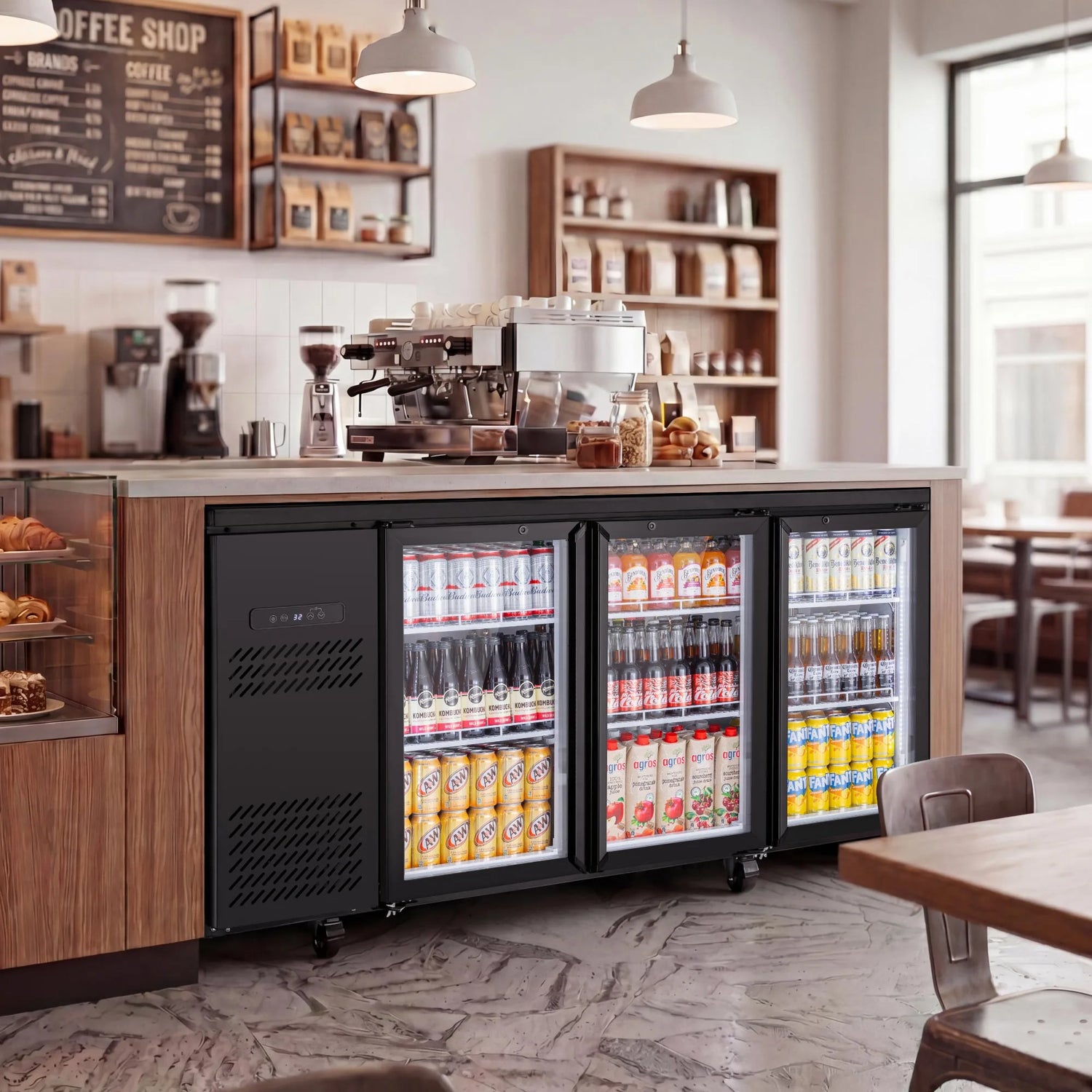 Commercial beverage cooler installed beneath a café service counter for convenient cold drink storage
