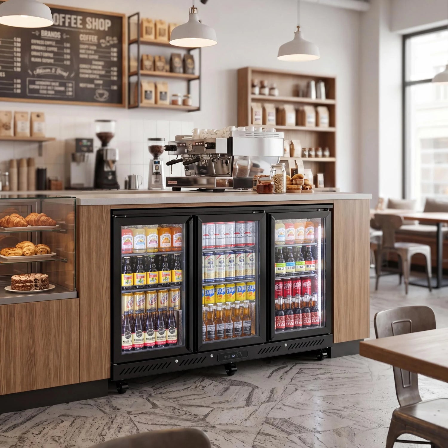Commercial bar fridge integrated into a modern café service counter