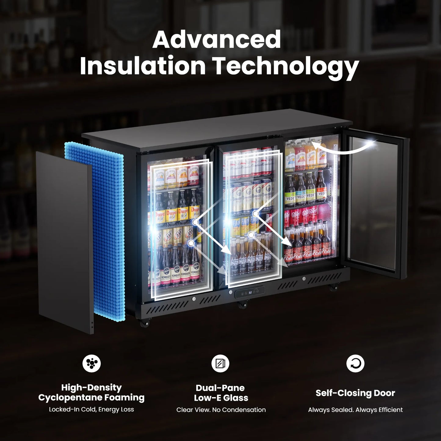Insulation system and dual-pane glass door construction of a commercial bar fridge