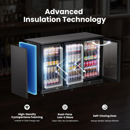 Insulation system and dual-pane glass door construction of a commercial bar fridge