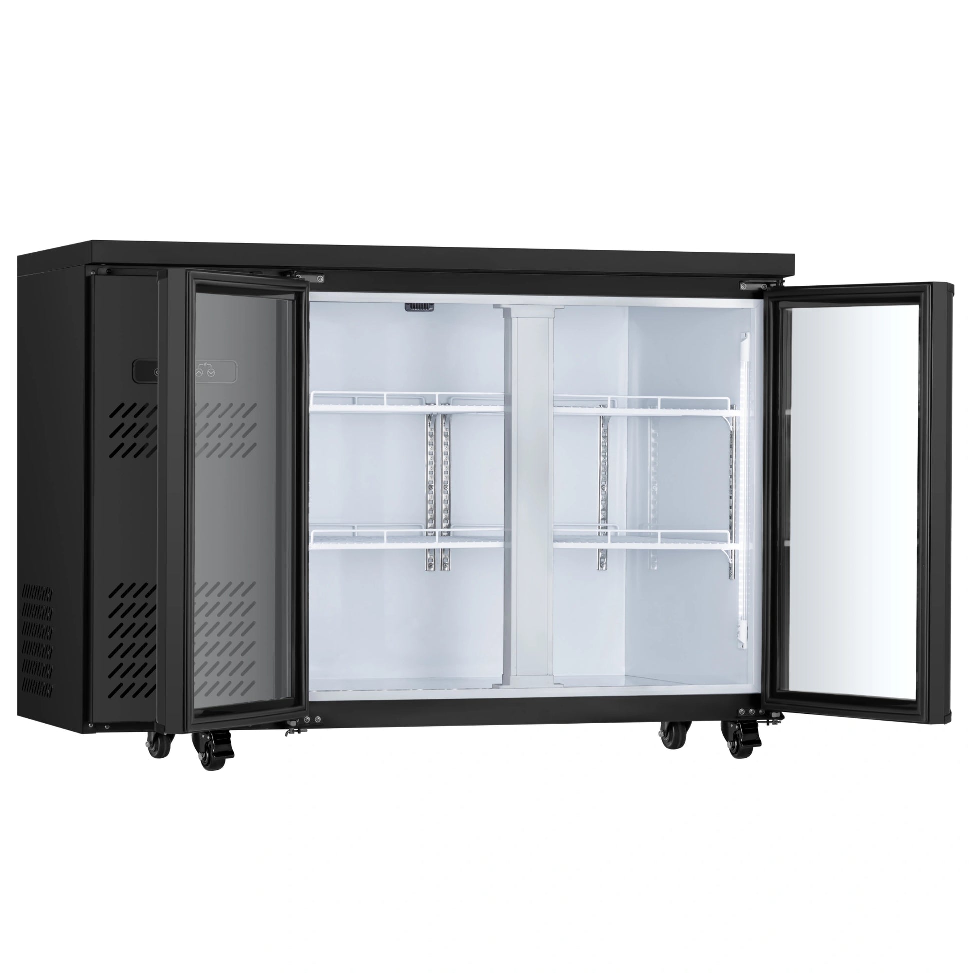 Commercial beverage cooler with glass doors open, revealing adjustable shelving and spacious storage capacity