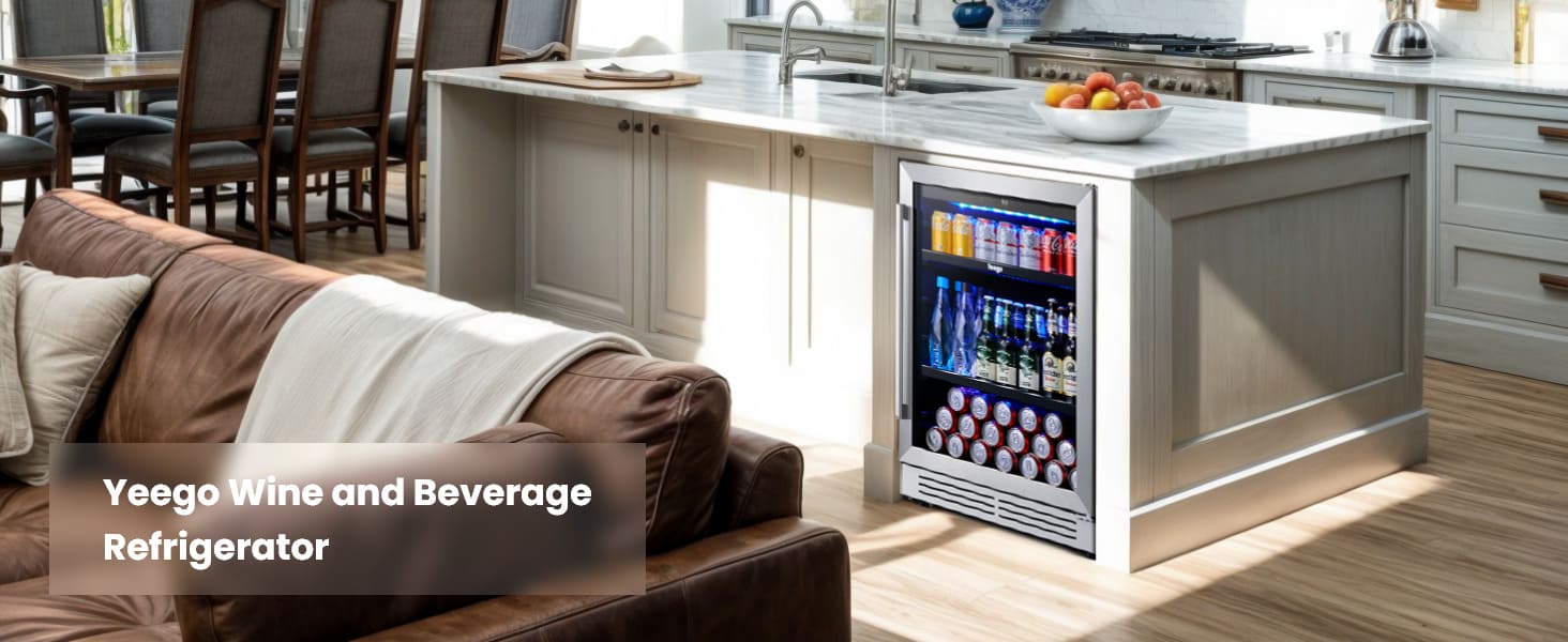 Full view of the Yeego BS24 beverage cooler in a modern kitchen setting