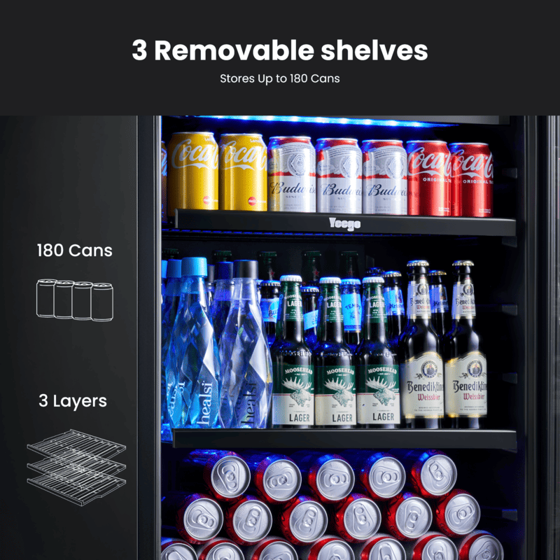 Built-in three shelves for storing up to 180 cans