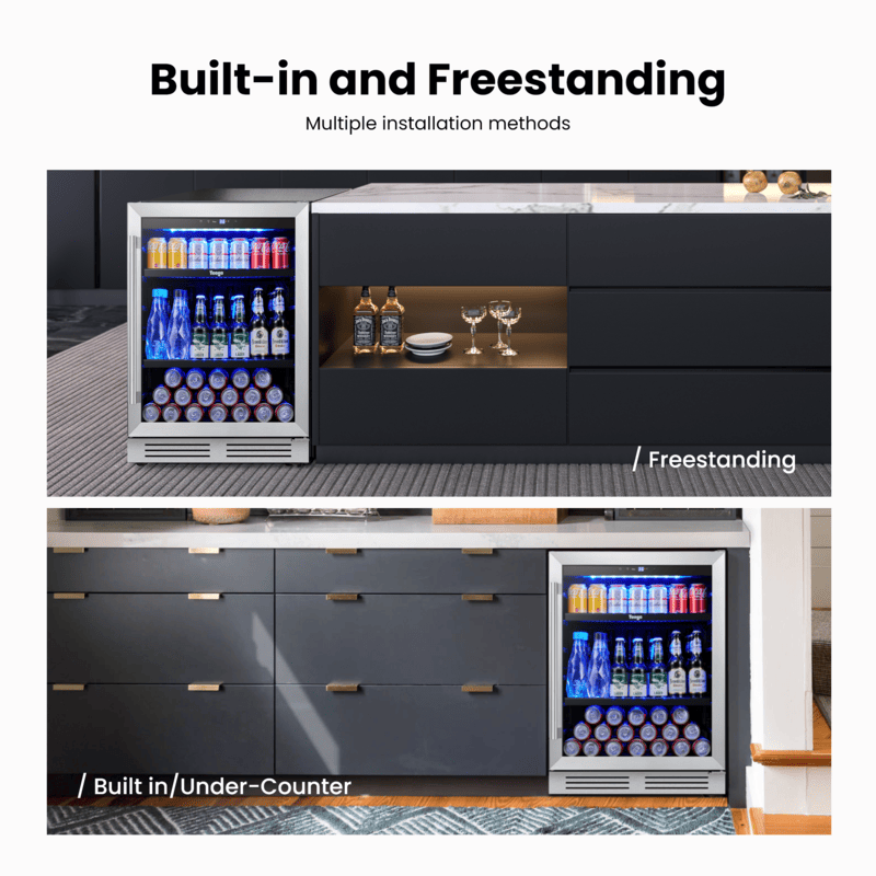 The yeego beverage Fridge supports both freestanding and built-in installations.