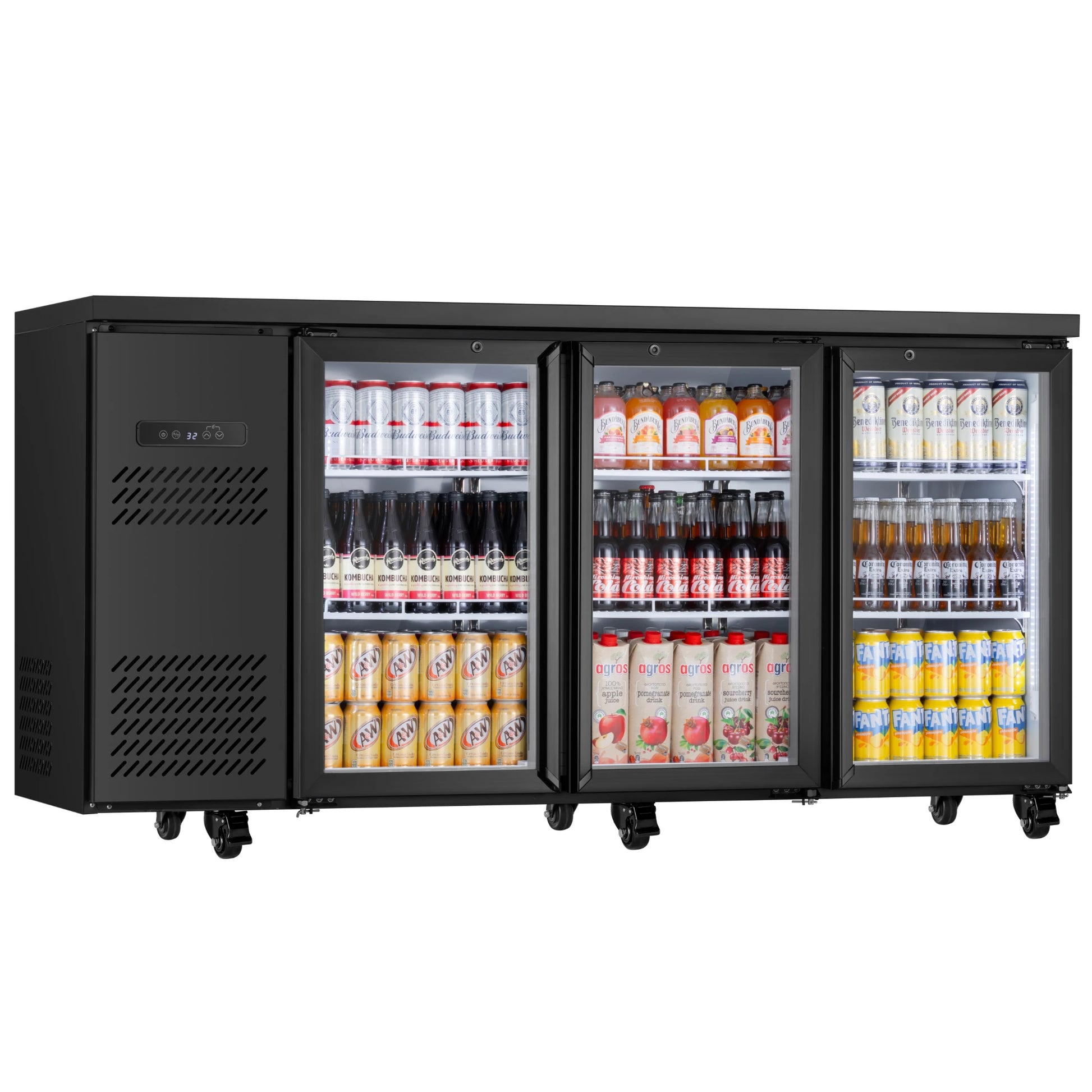Angled view of a commercial beverage refrigerator displaying organized drink storage with interior LED lighting
