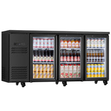Angled view of a commercial beverage refrigerator displaying organized drink storage with interior LED lighting