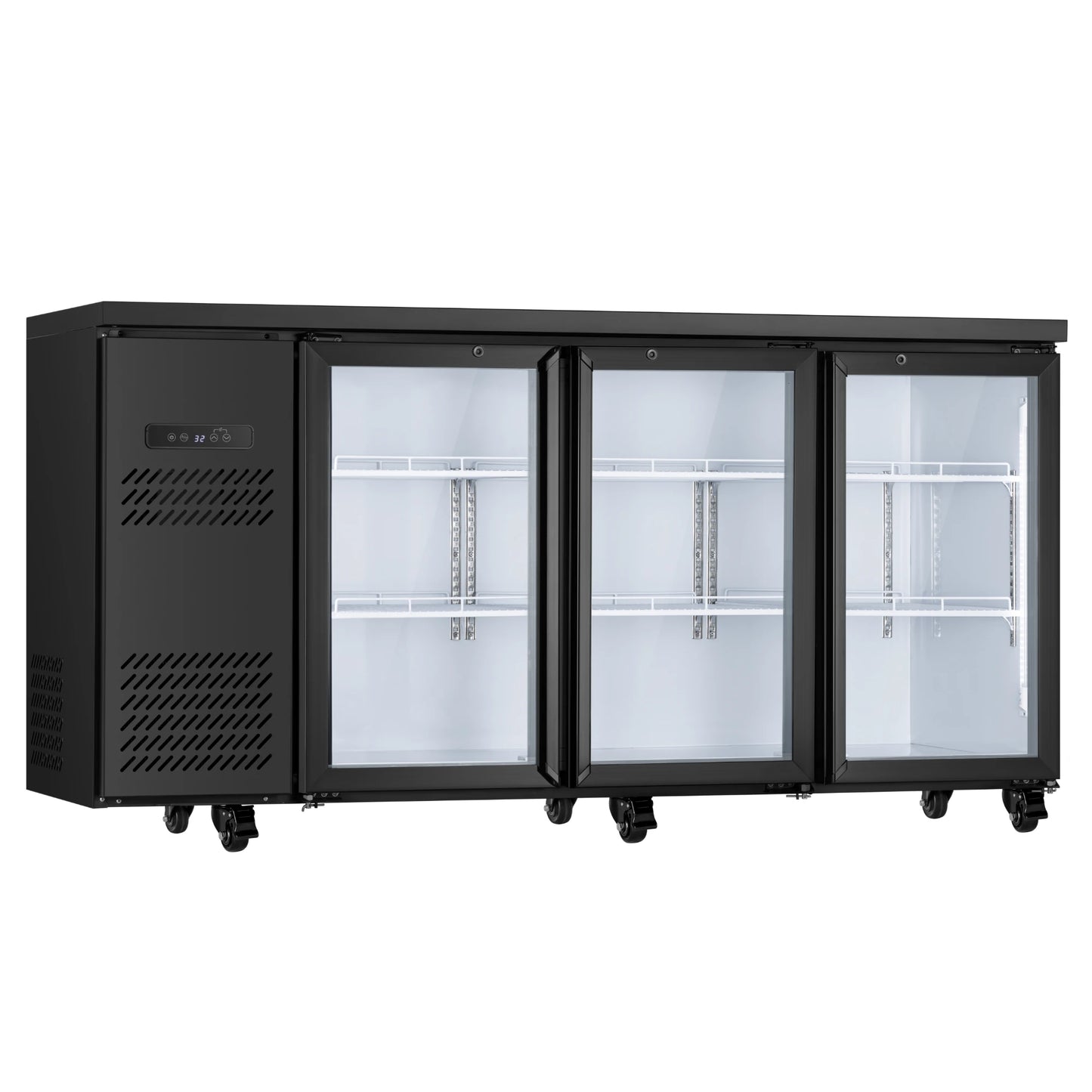 Empty commercial drink cooler with adjustable shelves and illuminated interior storage compartments