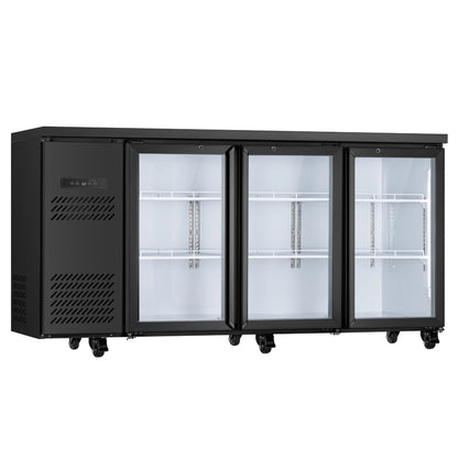 Empty commercial drink cooler with adjustable shelves and illuminated interior storage compartments