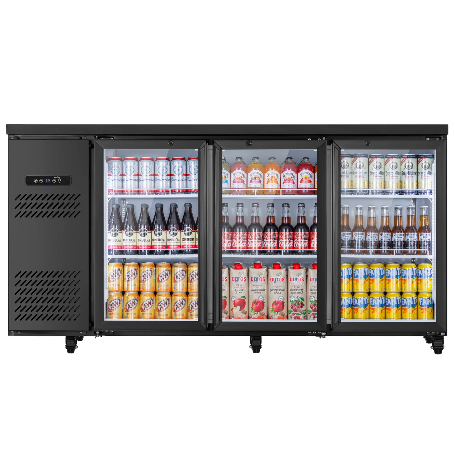 Three-door commercial beverage cooler stocked with canned drinks, bottled beverages, and soft drinks behind glass doors
