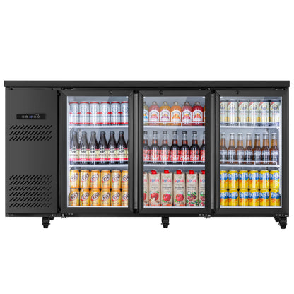 Three-door commercial beverage cooler stocked with canned drinks, bottled beverages, and soft drinks behind glass doors