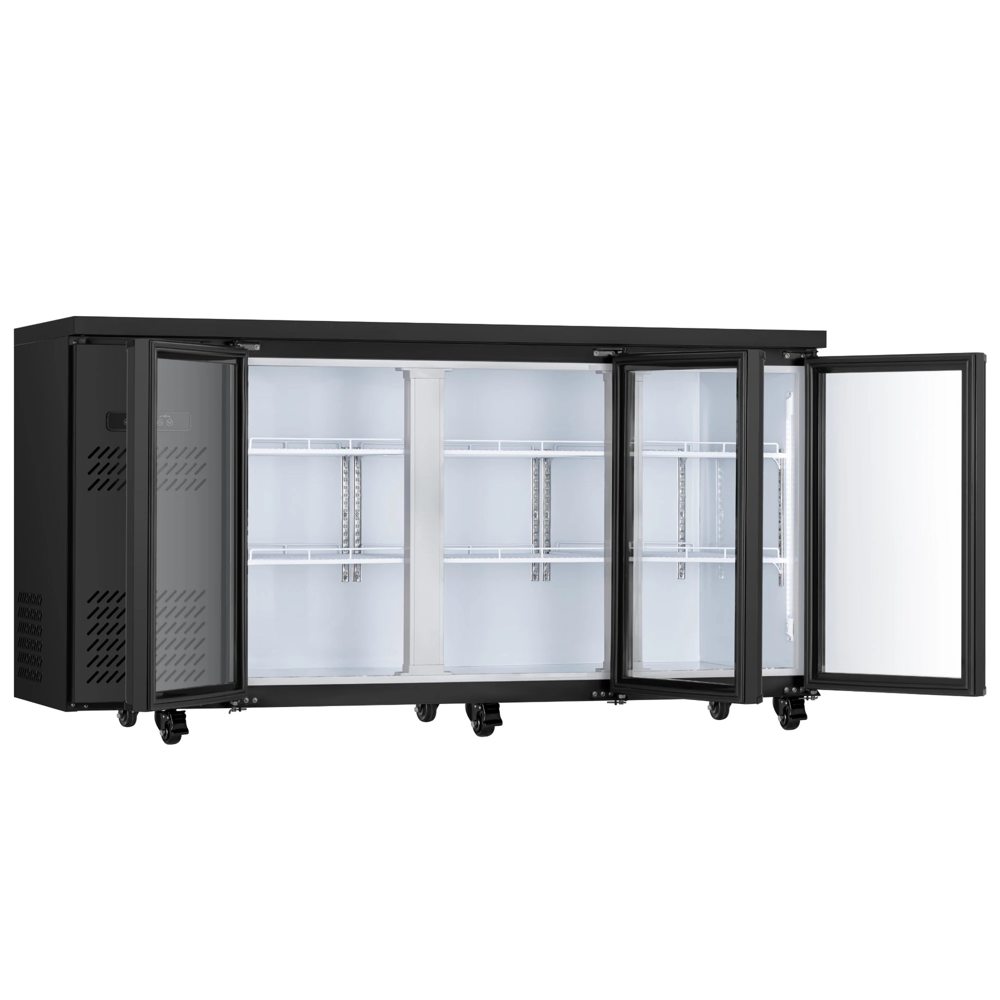 Commercial beverage cooler with glass doors open, revealing adjustable shelving and spacious storage capacity