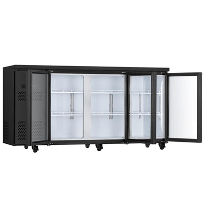 Commercial beverage cooler with glass doors open, revealing adjustable shelving and spacious storage capacity