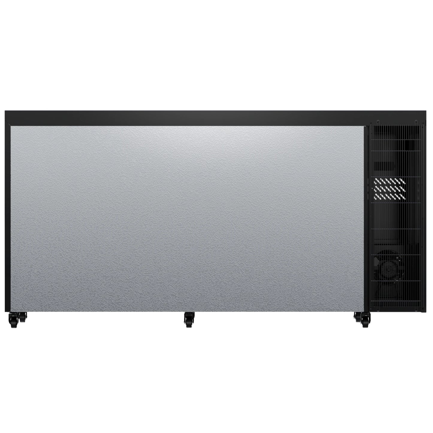 Rear view of a commercial beverage refrigerator showing the cooling system area and ventilation design