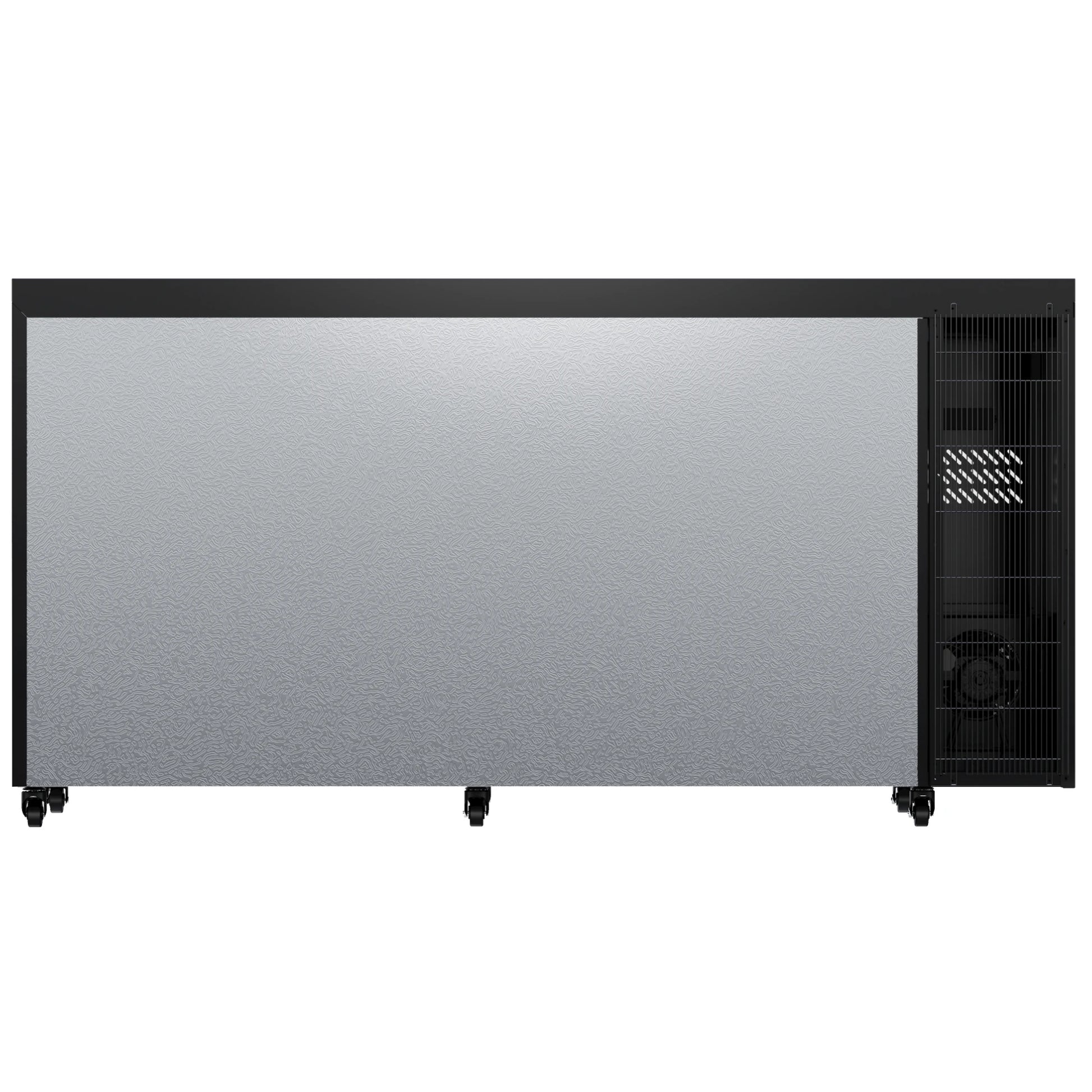 Rear view of a commercial beverage refrigerator showing the cooling system area and ventilation design