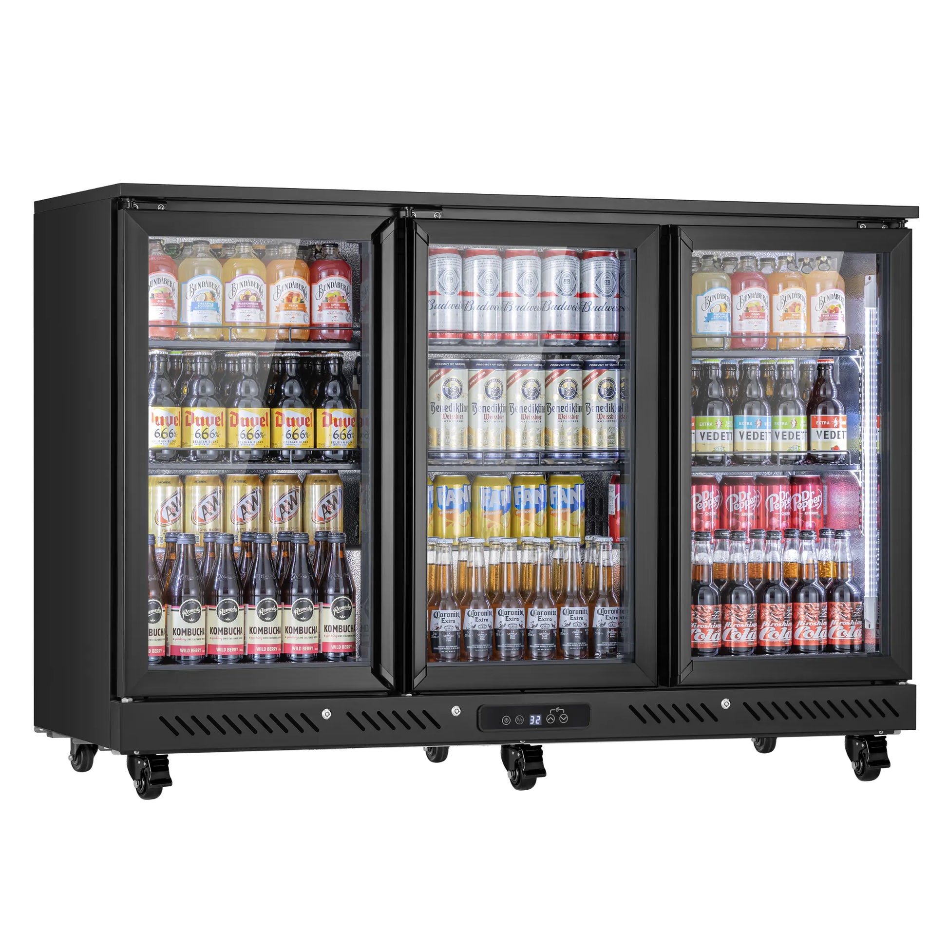 Angled view of a commercial bar fridge with organized beverage storage