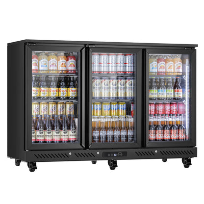 Angled view of a commercial bar fridge with organized beverage storage