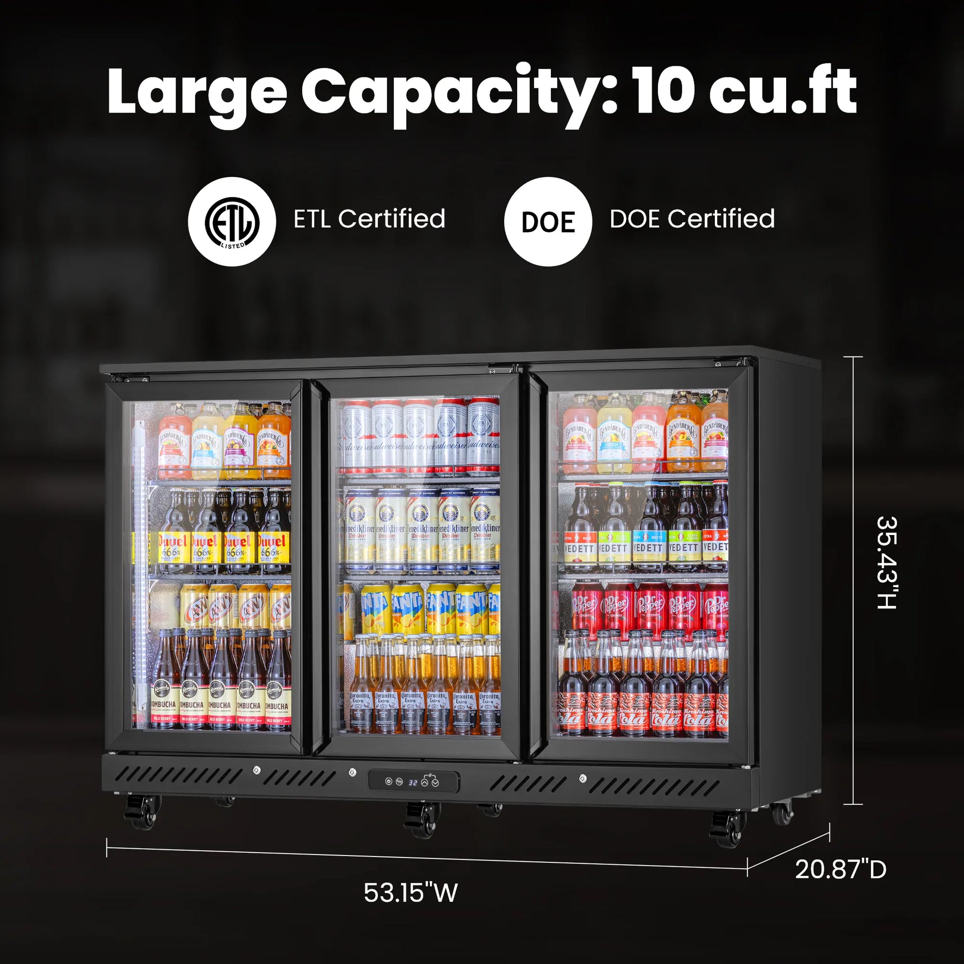Dimensions and capacity overview of a commercial bar fridge