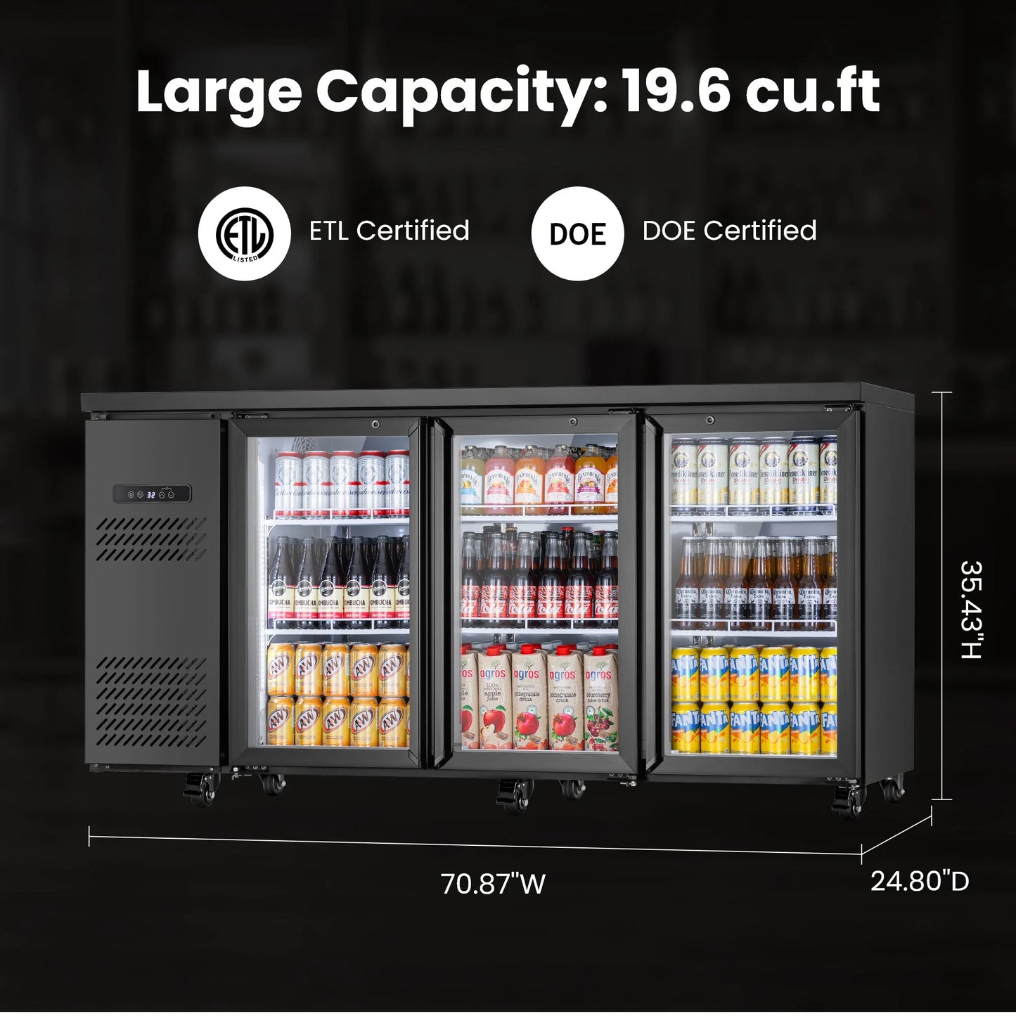 Product dimensions illustration showing the overall width, height, and depth of the beverage cooler