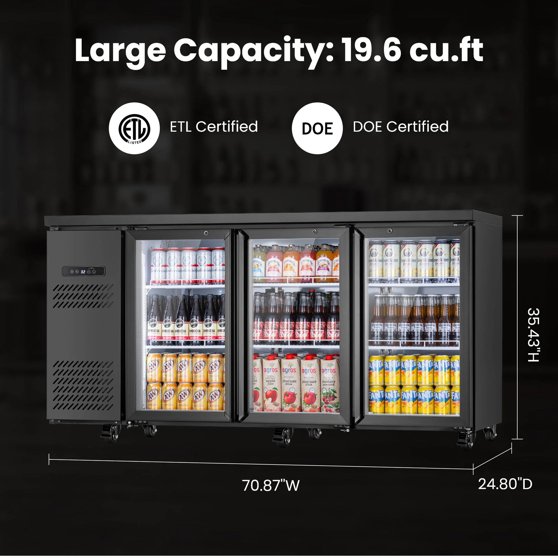 Product dimensions illustration showing the overall width, height, and depth of the beverage cooler