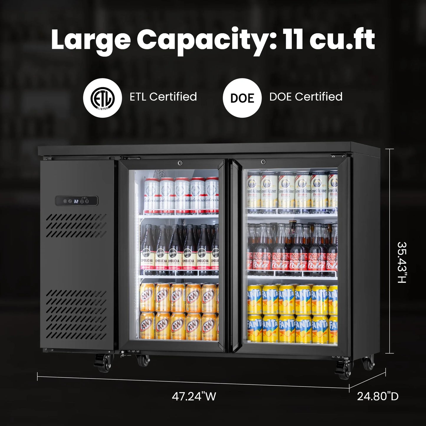 Product dimensions illustration showing the overall width, height, and depth of the beverage cooler
