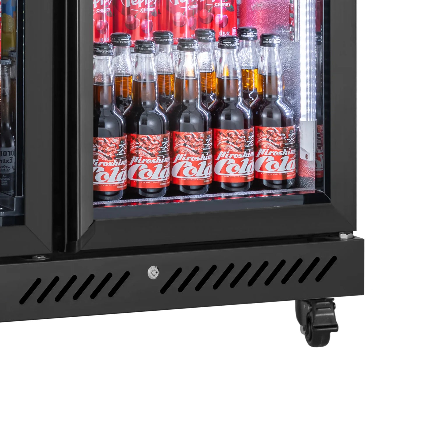 Locking caster wheel designed for easy movement of a commercial bar fridge