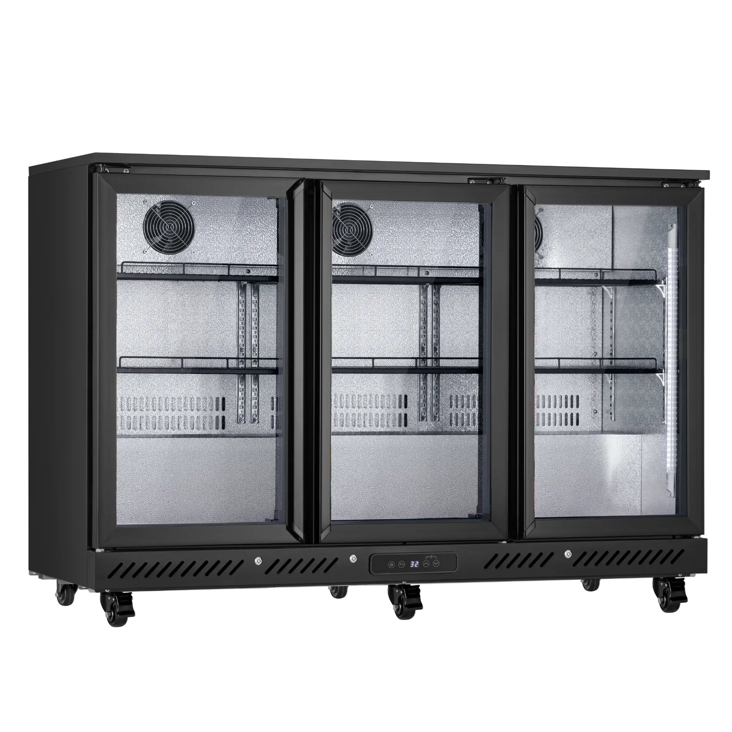 Empty interior view of a commercial bar fridge with adjustable shelving