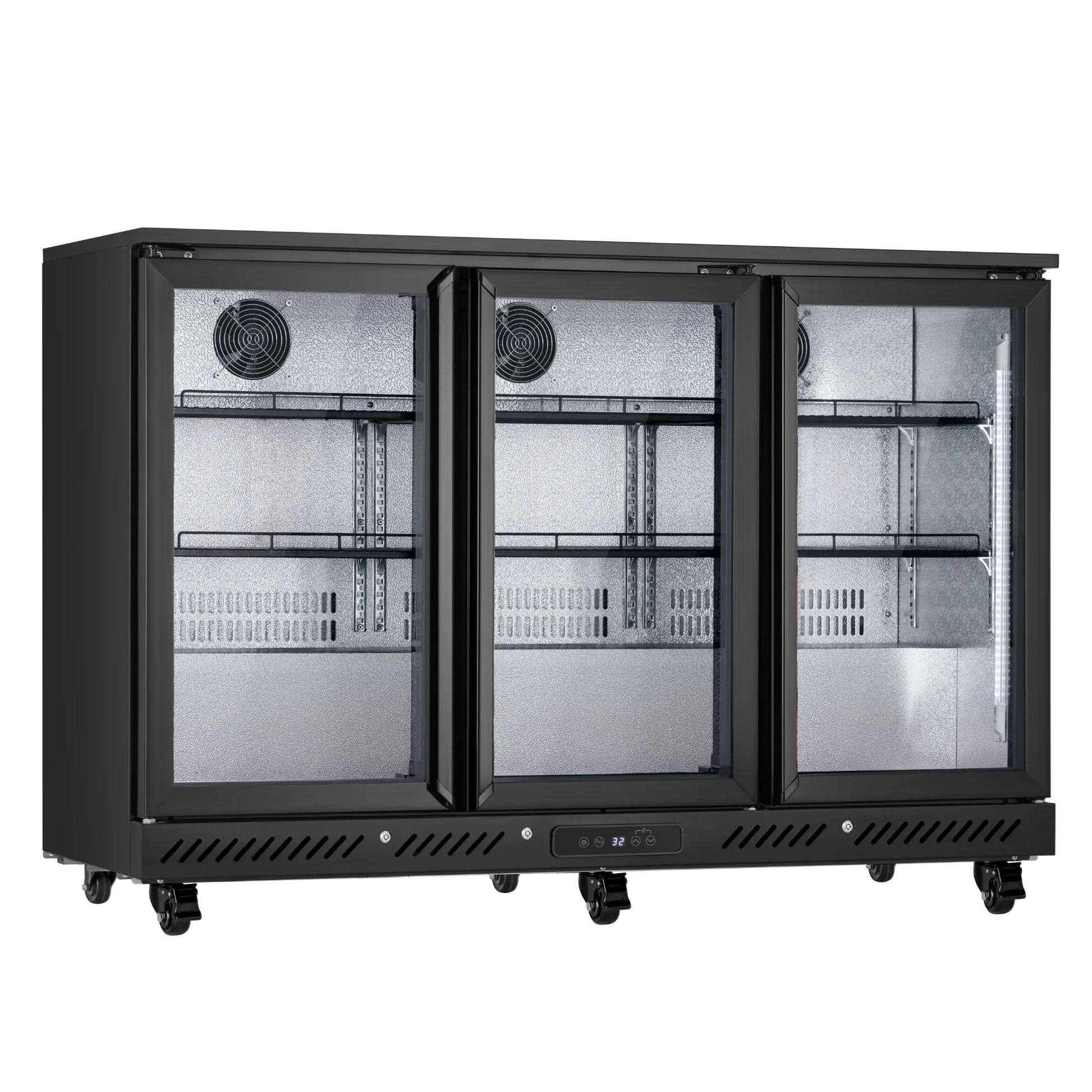 Empty interior view of a commercial bar fridge with adjustable shelving