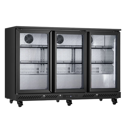 Empty interior view of a commercial bar fridge with adjustable shelving