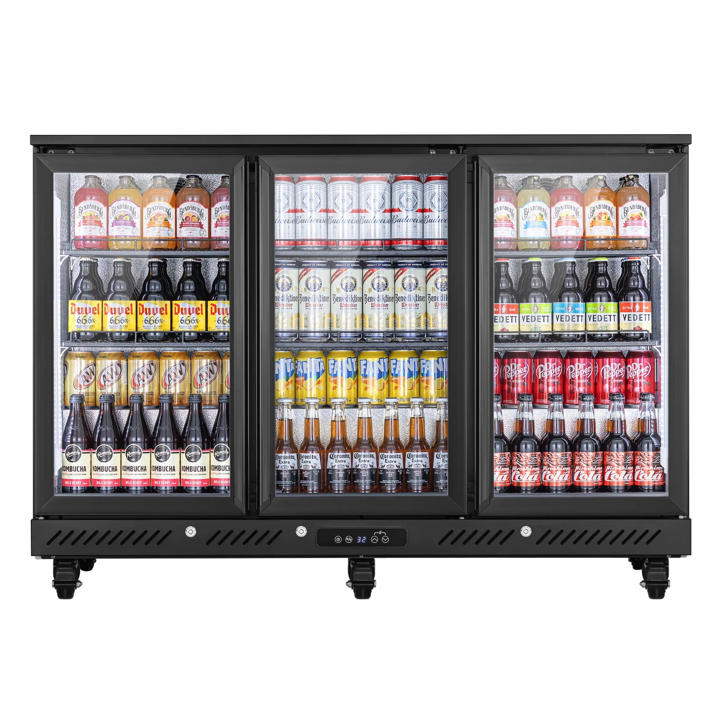 Front view of a commercial bar fridge stocked with bottled and canned beverages