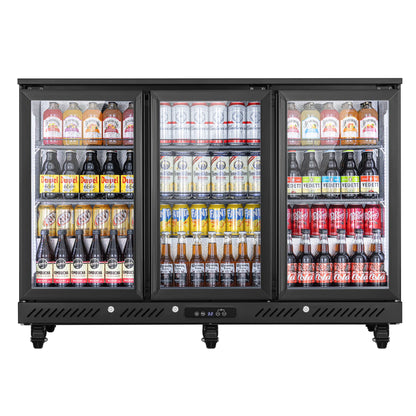 Front view of a commercial bar fridge stocked with bottled and canned beverages