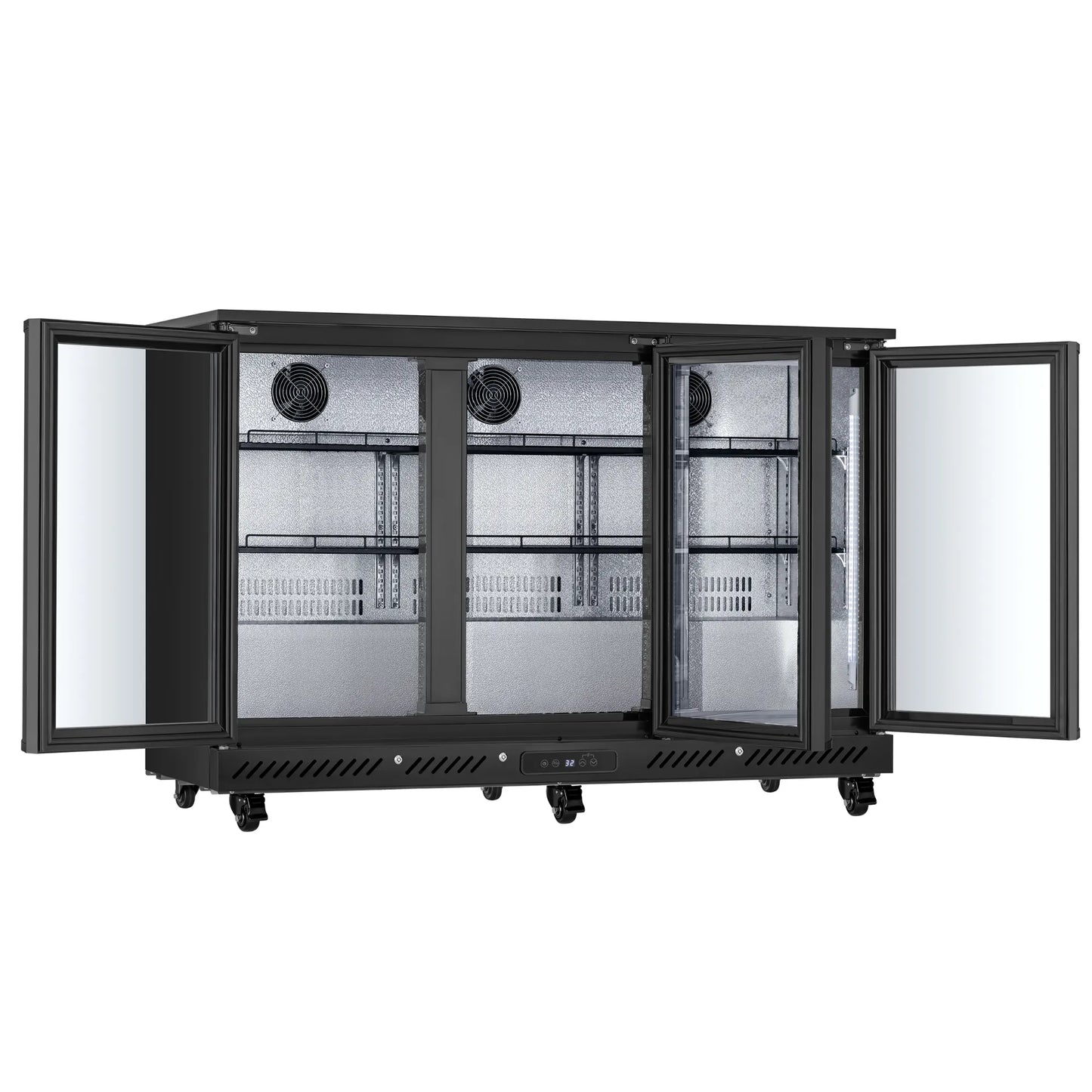 Open-door view of a commercial bar fridge with adjustable storage space