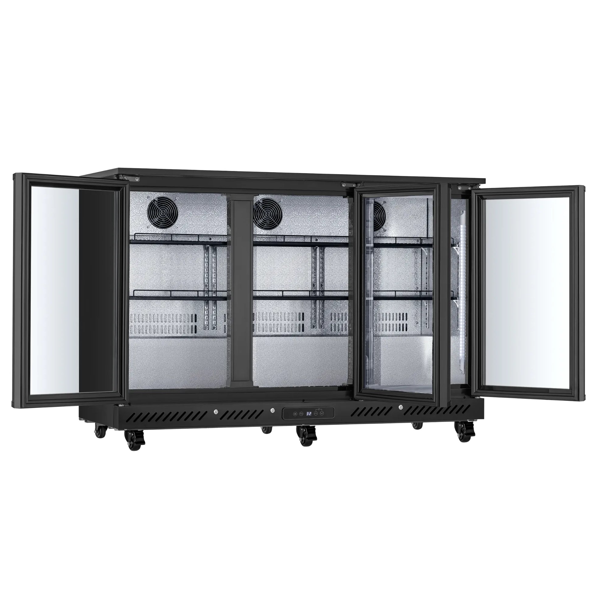 Open-door view of a commercial bar fridge with adjustable storage space