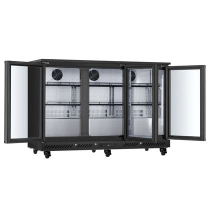 Open-door view of a commercial bar fridge with adjustable storage space
