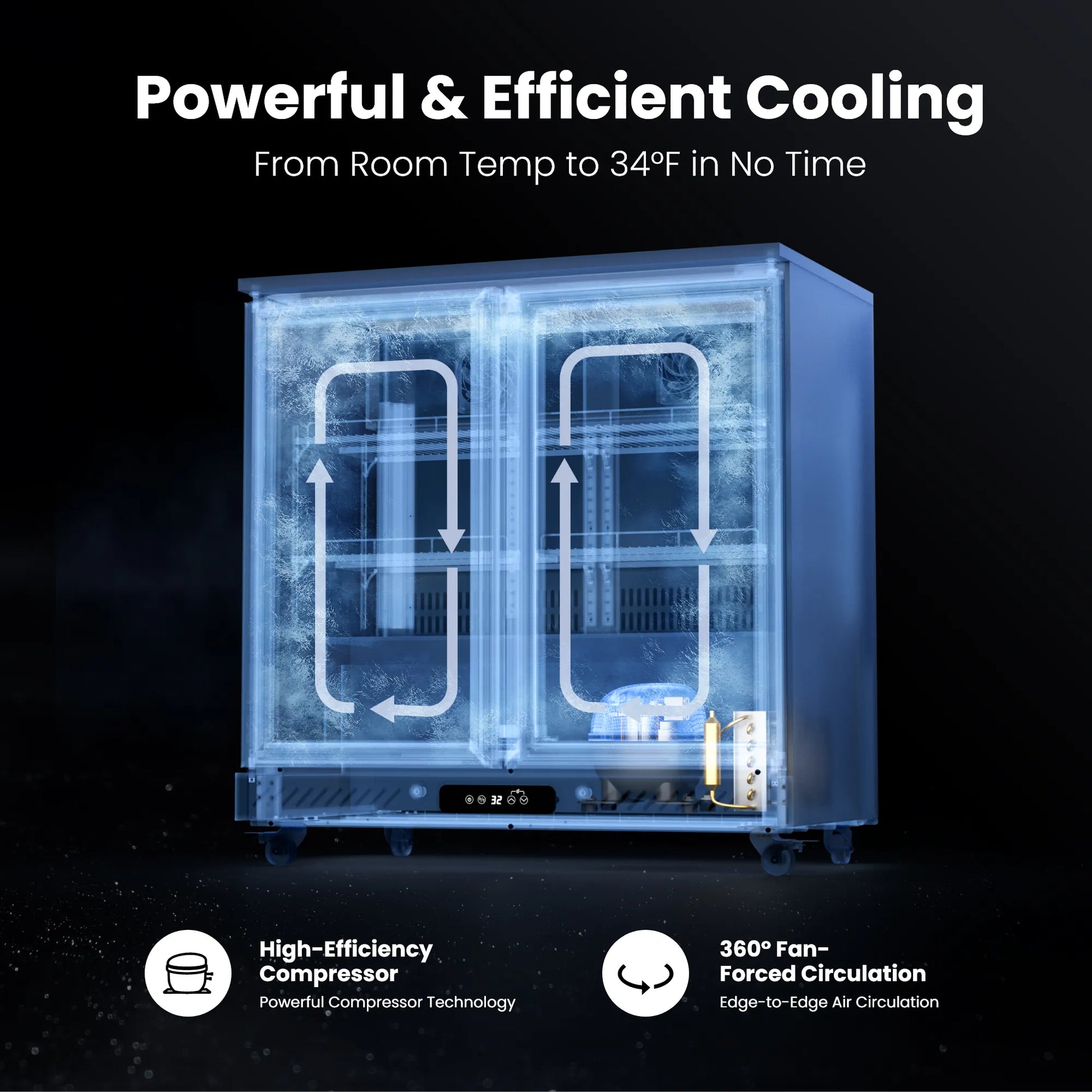 Diagram showing fan-assisted air circulation and compressor cooling technology inside the beverage cooler