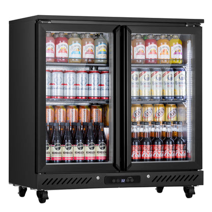 Angled view of a three-door beverage cooler displaying assorted drinks arranged on adjustable shelves