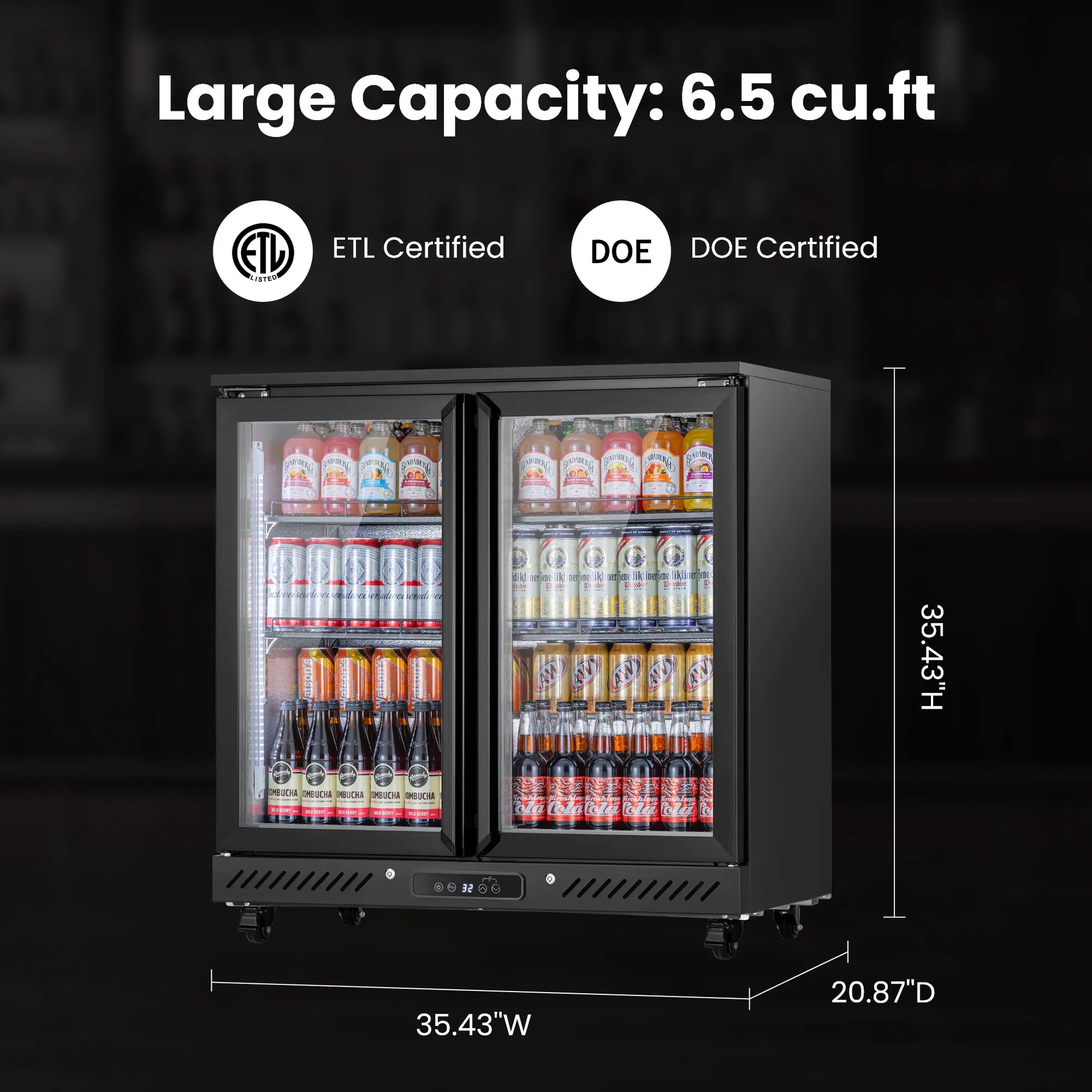 Product dimensions illustration showing width, depth, and height measurements of the beverage cooler