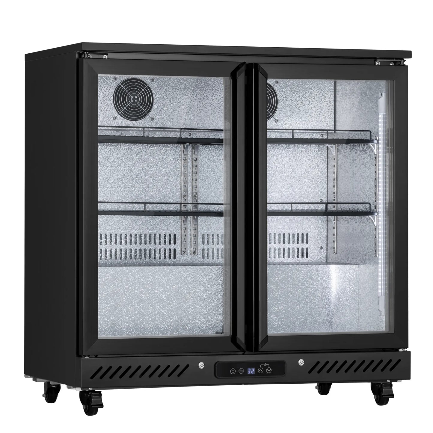 Empty three-door beverage refrigerator showing adjustable shelving and spacious interior storage