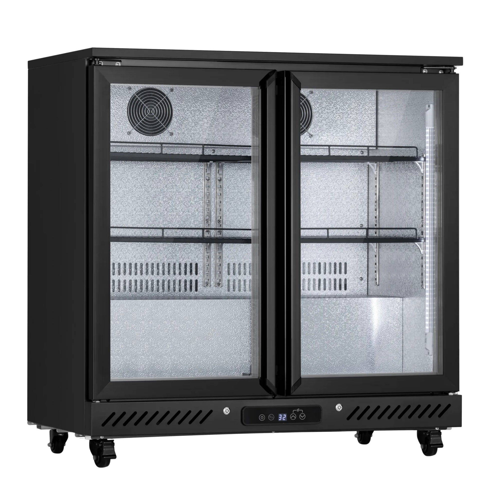 Empty three-door beverage refrigerator showing adjustable shelving and spacious interior storage