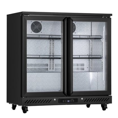 Empty three-door beverage refrigerator showing adjustable shelving and spacious interior storage