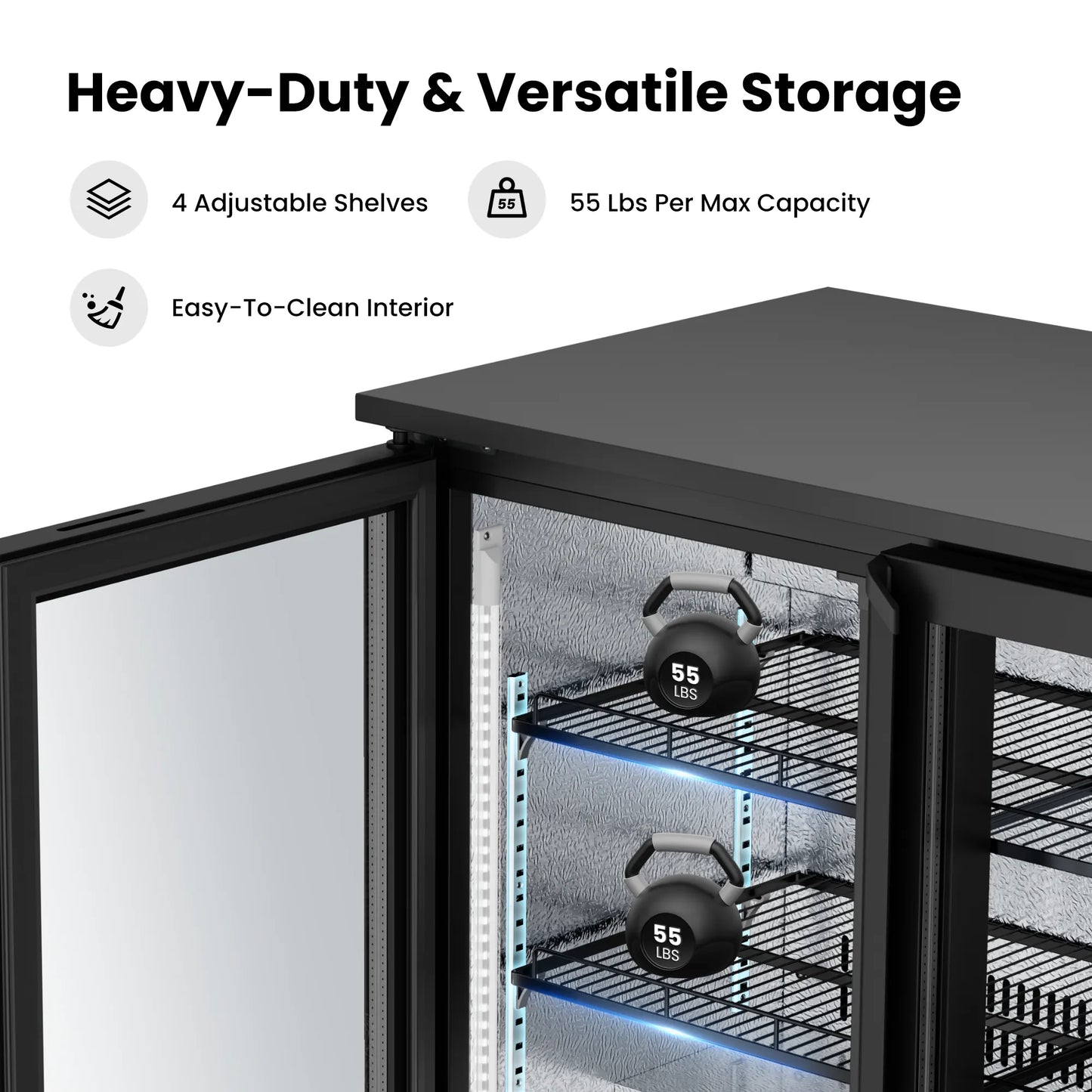 Adjustable heavy-duty shelves designed for commercial beverage storage