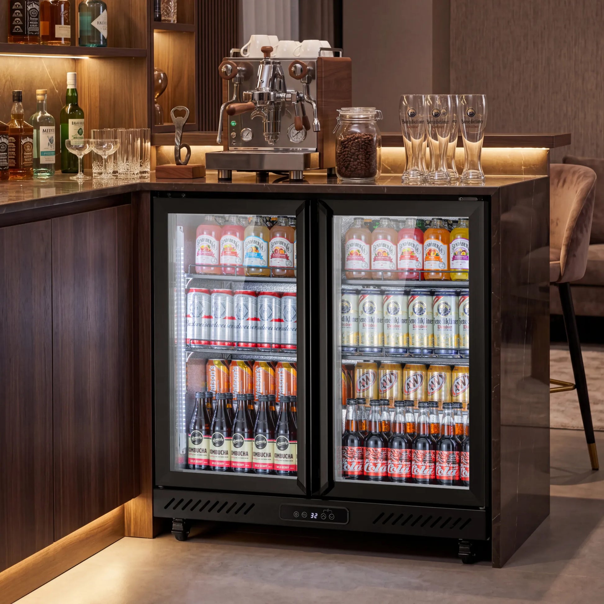 Large-capacity beverage cooler positioned in a home entertainment space with drinks ready for guests
