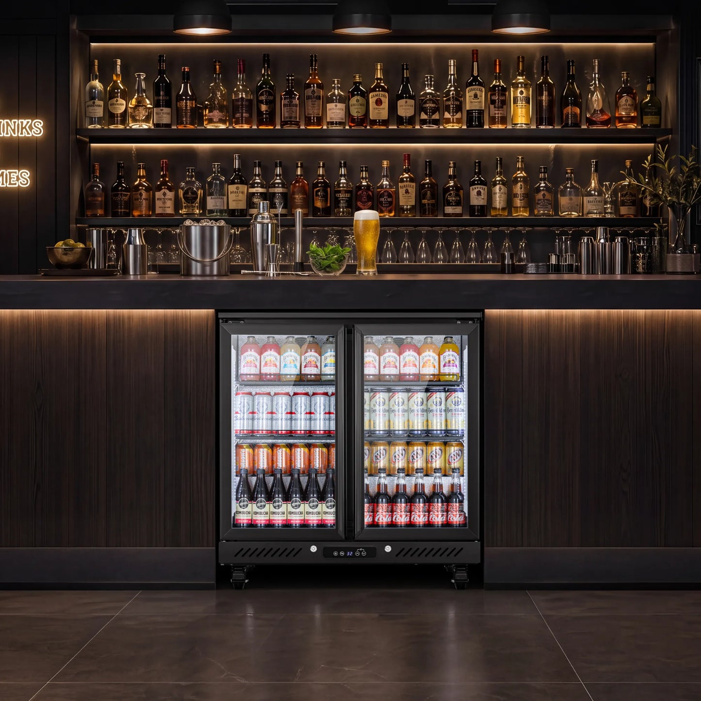 Three-door beverage refrigerator installed beneath a bar counter with illuminated liquor display above