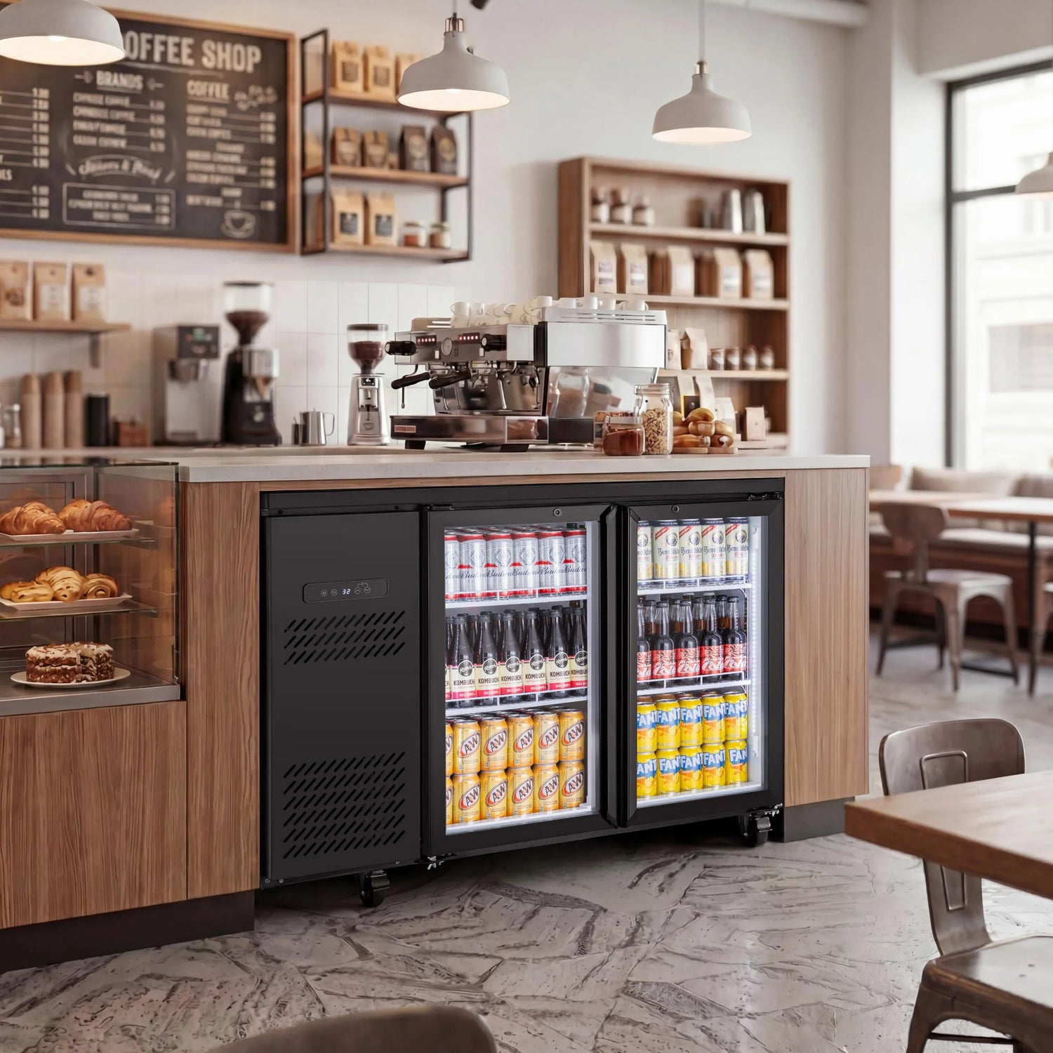 Commercial beverage cooler installed beneath a café service counter for convenient cold drink storage