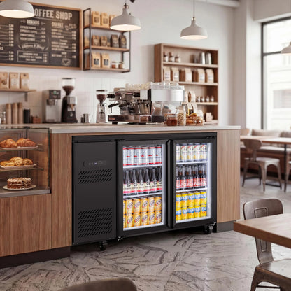 Commercial beverage cooler installed beneath a café service counter for convenient cold drink storage